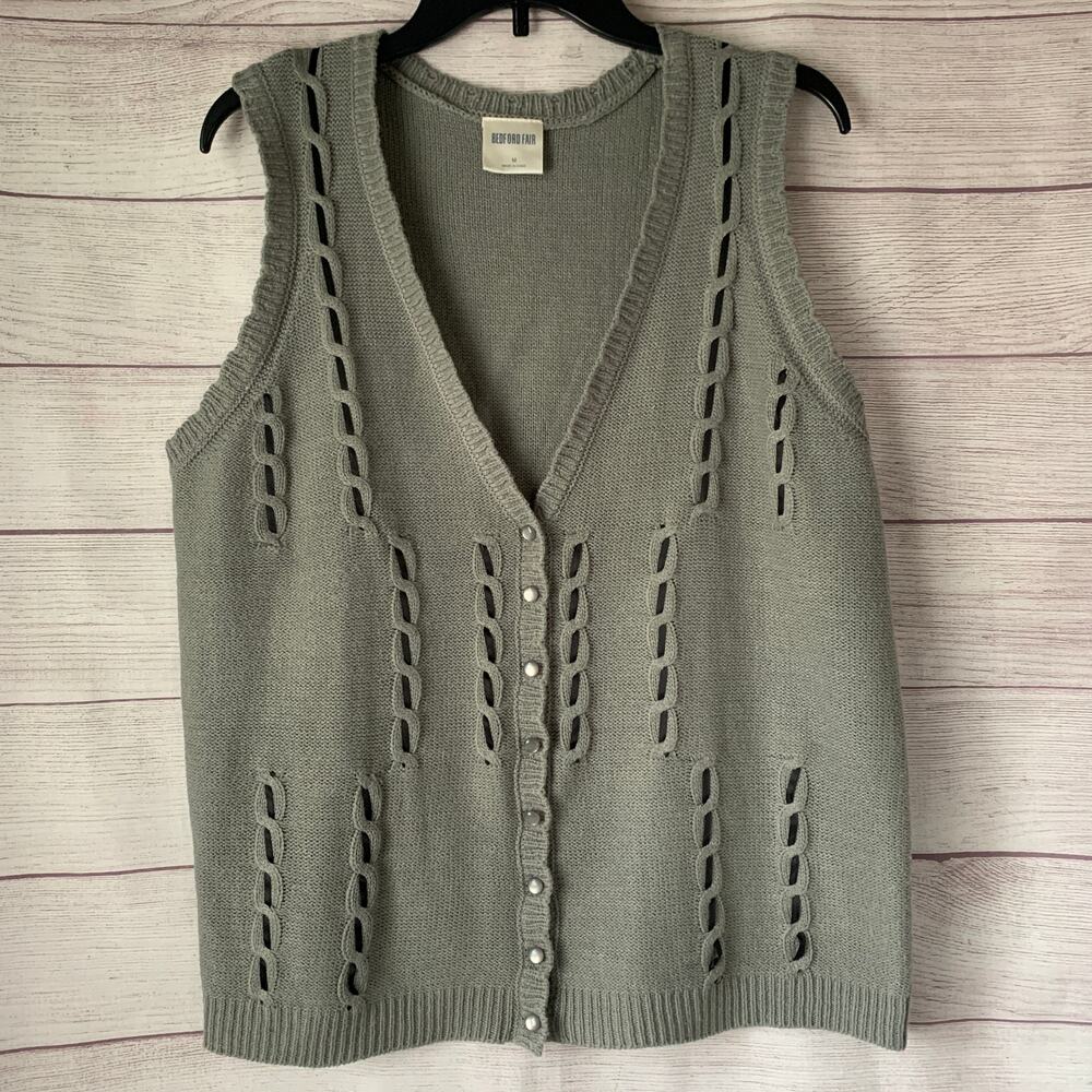 Bedford Fair Gray Knit Sweater Vest Black Ribbon Detail Button Up Size Medium